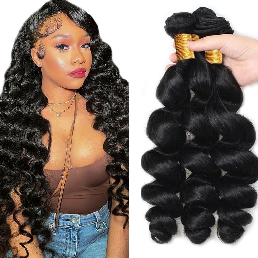 Human Hair Bundles Loose Wave Bundles 26 28 30 inch #1B Loose Body Wave Bundle Natural Black Bundle