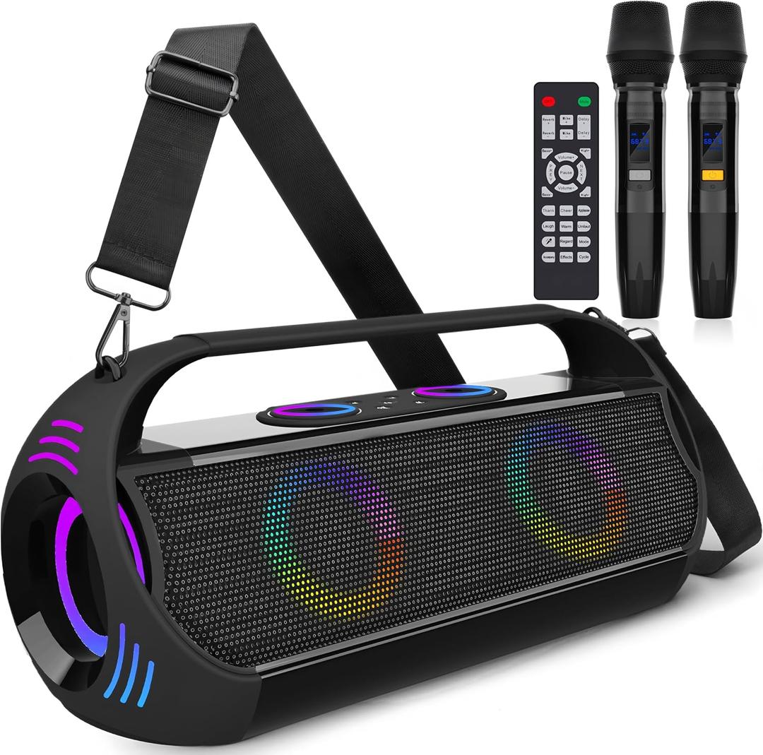 Rechargeable Karaoke Party Speaker (160W) Portable with 2 Wireless Microphones for Adults,30000mAh,LED Light Show,HD Stereo,Bass Up,Bluetooth/Remote/AUX/USB/TF Play for Home,Tv,Camping,Beach,Outdoor