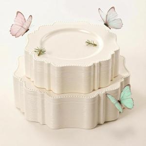 COLOSUS 60pcs Ivory Plastic Plates -Elegant Plastic Plates,Heavy Duty Cream Disposable Plates for Party Include 30 pcs Dinner Plate and 30 pcs Dessert Plate for Wedding/birthday/baby shower (Iovry)