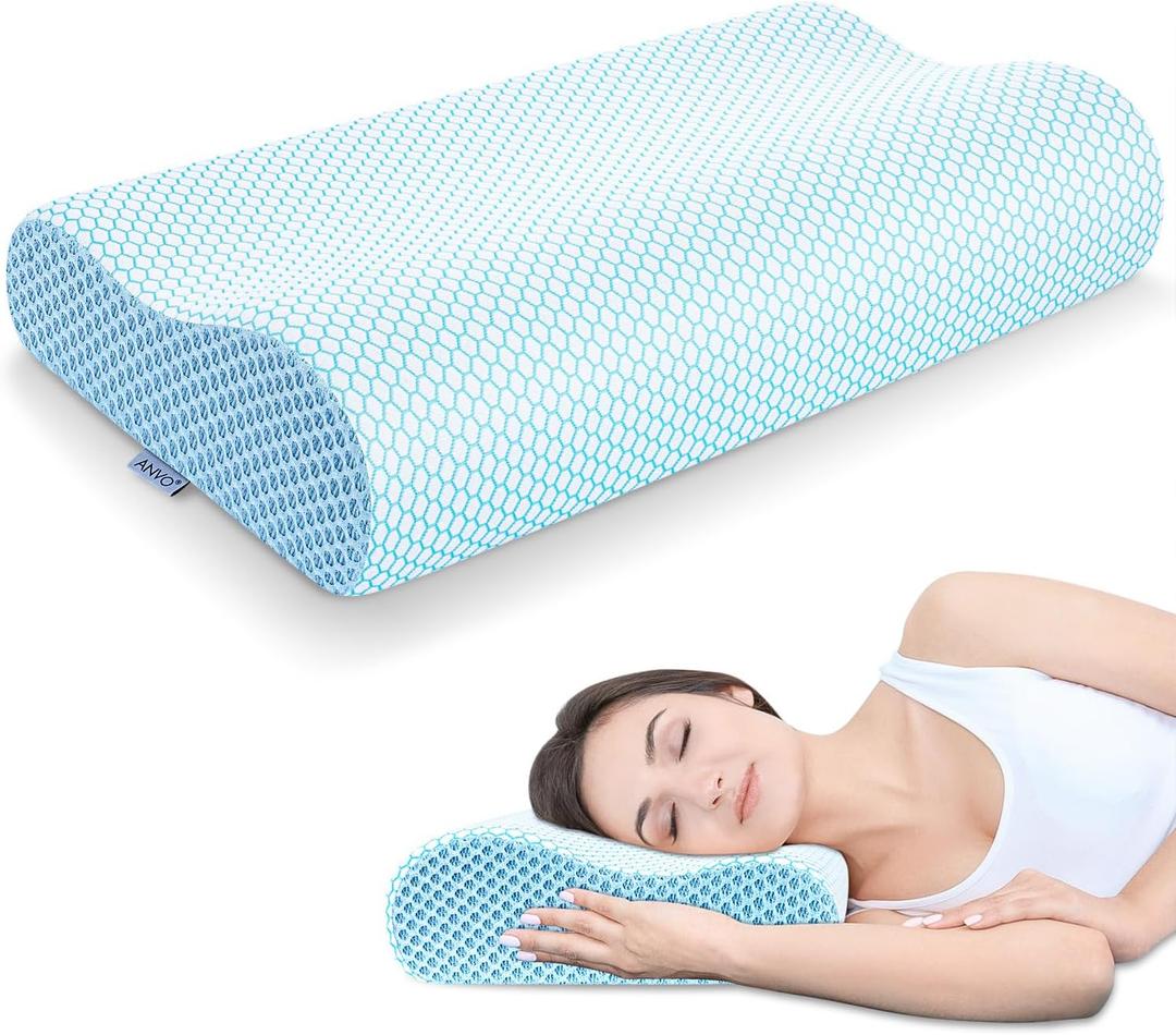Anvo Memory Foam Pillow, Neck Contour Cervical Orthopedic Bed Pillow for Sleeping Side Back Stomach Sleeper, Ergonomic Design for Neck and Shoulder Pain Relief, Blue White, Firm (FIRM - Standard (24 x 13.4 x 4.7 inches))