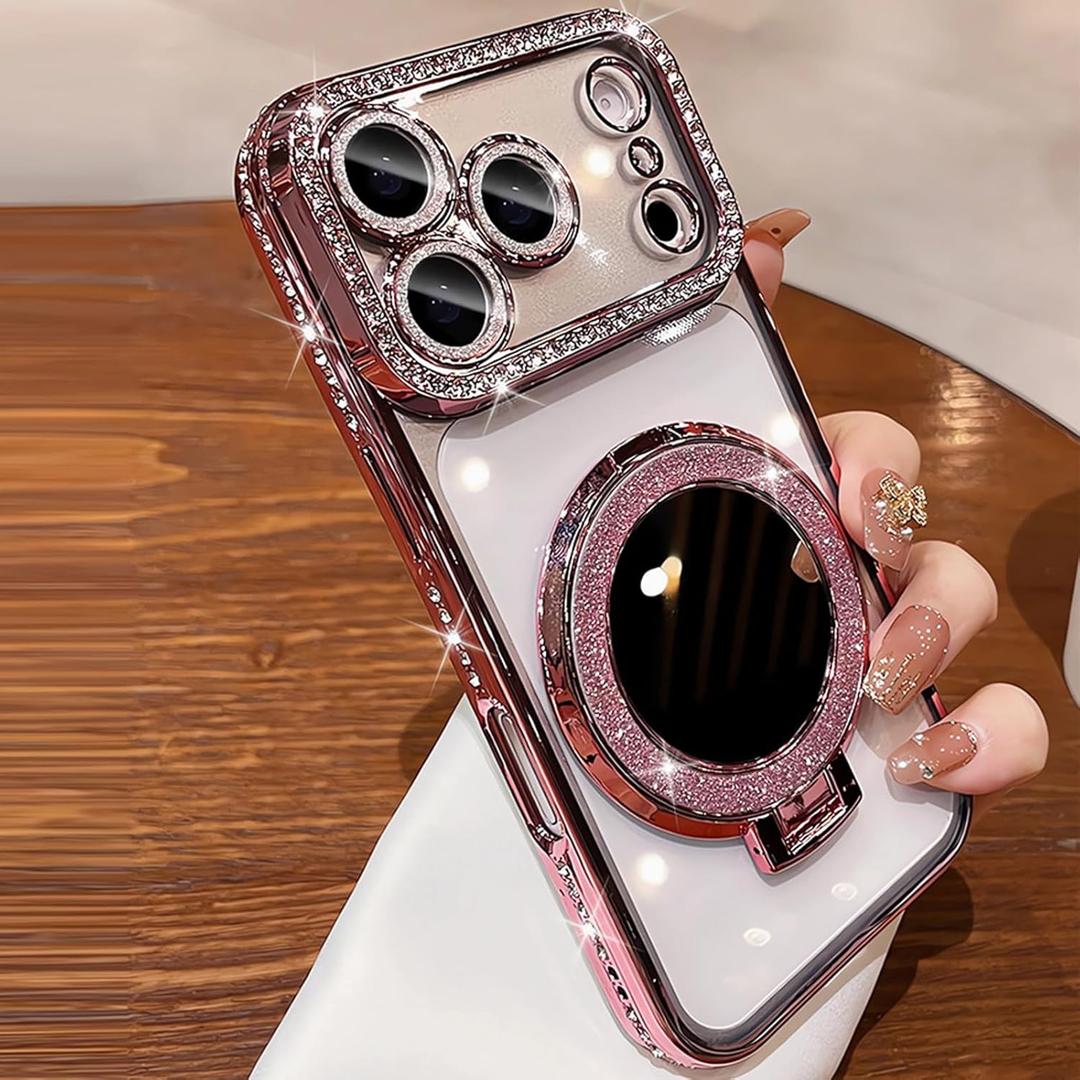 Glitter Diamond Magnetic Case for iPhone 17 Pro Max Clear with Sparkly Makeup Mirror Invisible Stand Ring 17 Pro Max Case Women Girls Cute Bling Luxury Shiny Shockproof Protective Cover 6.9", Pink