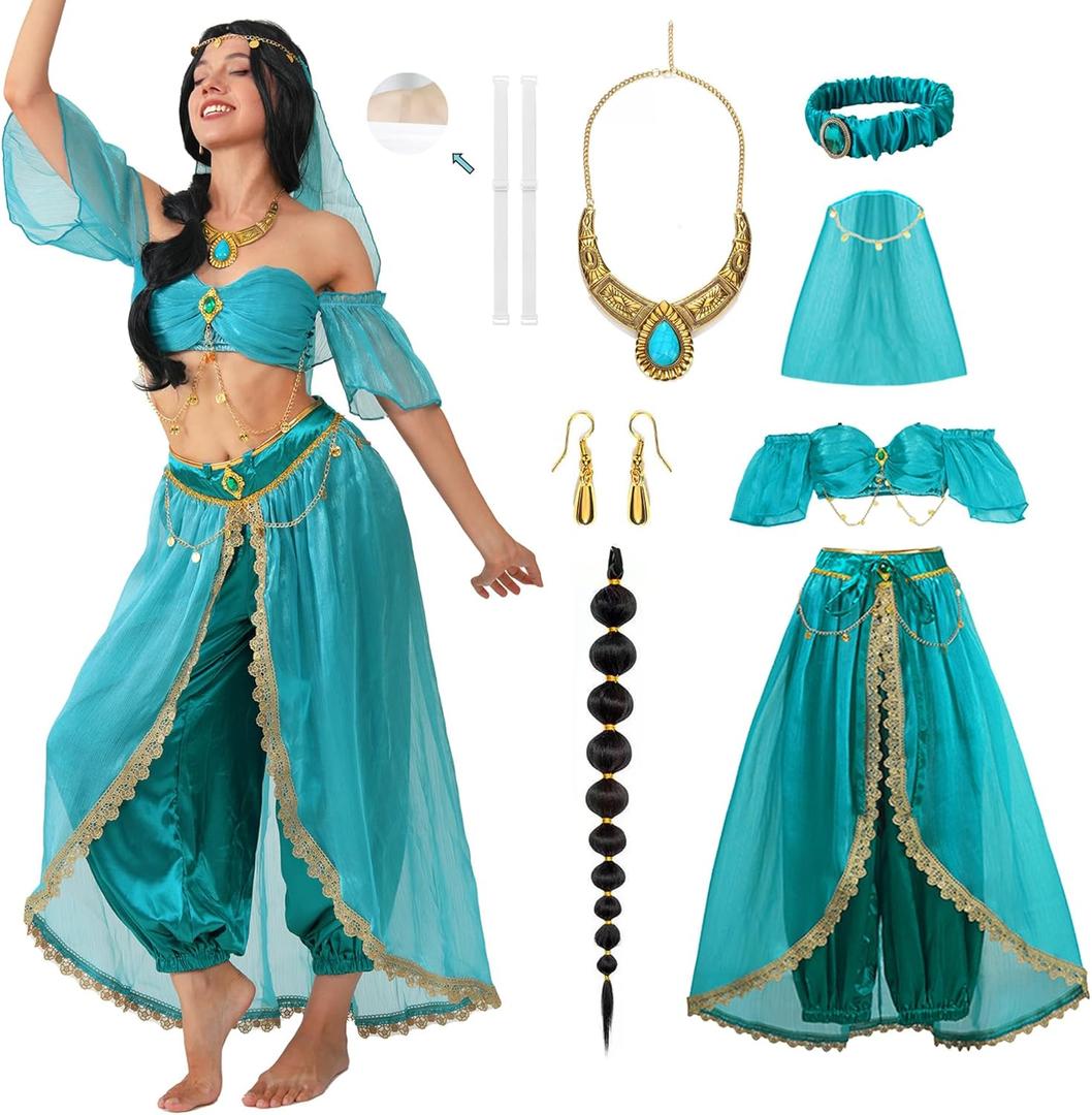 Women Arabian Princess Fairy Costume Set Adult Halloween Dress with Accessories (Small, Blue)