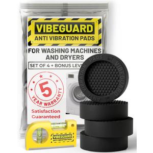 Anti Vibration Pads for Washing Machine featuring 3D TrianGrip & FREE Level Tool - Larger Opening Fits All Washer Feet - Stops Moving, Walking - Prevents Noise, Vibration Transfer - VIBEGUARD 4 Pack