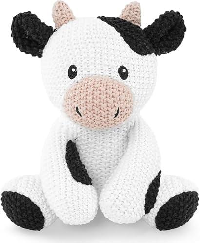 JUSTQUNSEEN Cow Stuffed Animal for Kids,8inch Sit Cow Toys Hand Knit Doll Baby Cute Doll Bed Time,Handmade Knit Animal Toy Soft Cotton Knitted Animals Teddy Bear Christmas Birthday Gifts (Knit Cow）
