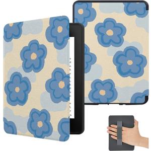 Cover for All New 6 Inch Kindle 2024 and 2022 (11th Generation) Cute Slim Lightweight Case - with Hand Strap - PU Leather with Floral for Women - Auto Wake/Sleep - Teal Blue Flower
