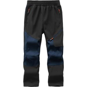 Kids Winter Pants Fleece Lined Waterproof Boys Ski Pants Thermal Outdoor Softshell with Zipper Pockets (Large, Black+dark Blue)