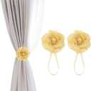 PATIKIL Flower Magnetic Curtain Tiebacks, 1 Pair No Drill Decorative Drapery Curtain Holdbacks Rope Holder for Home Office Cafe Balcony Decor, Gold
