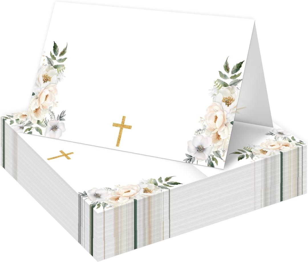 Baptism Table Place Cards, Floral Place Cards for Table Setting, First Holy Communion Christening Religious Christening Celebration Fill-in Place Cards, 25 Pack -08