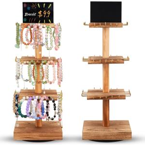 2 Pcs Bracelet Holder 3 Tier Wooden 360 Rotating Jewelry Holder Organzier with 36 Hooks, Tree Stand Vendor Booth Display with Advertising Board for Vendors(Natural Color,Square)