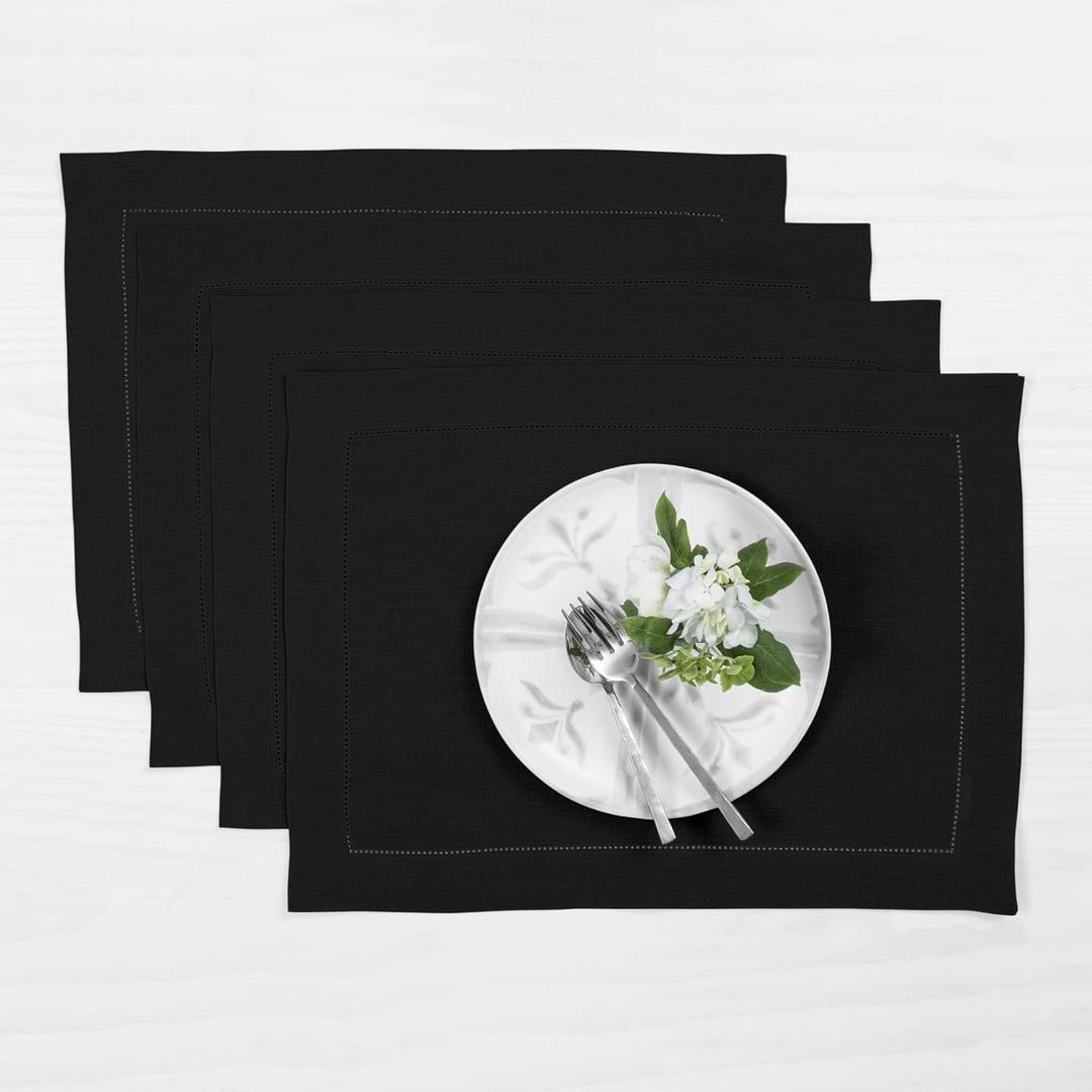 Solino Home Linen Placemats Set of 4 - Classic Hemstitch Black Placemats 14 x 19 Inch - 100% Pure Linen Table Mats for Spring, 4th of July, Memorial Day, Father's Day, Summer