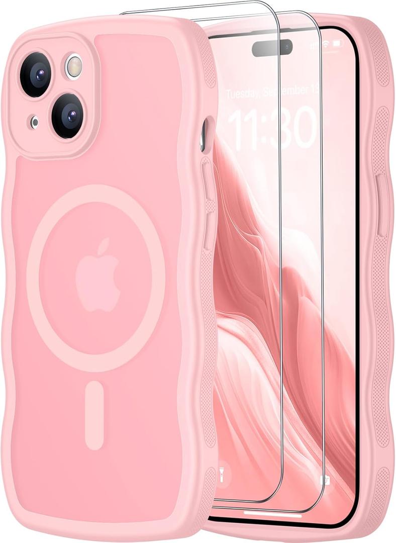 SPIDERCASE Magnetic for iPhone 15 Pro Case,[Curly Wave Edge] with [2 Tempered Glass Screen Protector] [Full Camera Protection] Anti-Fingerprint Anti-Scratch Phone Case, Pink