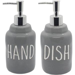 Ceramic Soap Dispenser Bottles, Engraved Hand & Dish Labels, Eco-Friendly Design for Kitchen Sink, Bathroom Countertop, Modern Farmhouse Decor (2-Pack,16 Oz, Gray)
