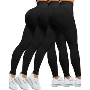 CHRLEISURE Workout Leggings Sets for Women, Gym Scrunch Butt Butt Lifting Seamless Leggings 3 Piece (Black, S)