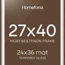 Homeforia 27x40 inch Poster Frame Brown, Mortise & Tenon Walnut 27 x 40 Wooden Picture Frames with Mat 24 x 36 for Wall, 40x27 Dark Wood Frame Matted to 24x36 Photo, Tempered Glass, Wall Kit, Set of 1