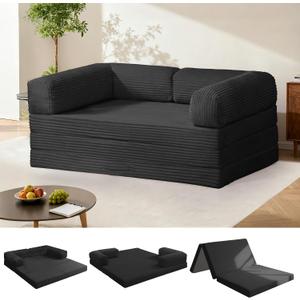 Tri-Fold Foldable Mattress, Convertible Folding Sofa Bed with Removable Arms & Washable Cover, All-in-One Portable Mattress Floor Sofa Bed, No Assembly Required & Non-Slip, Full Size, Black