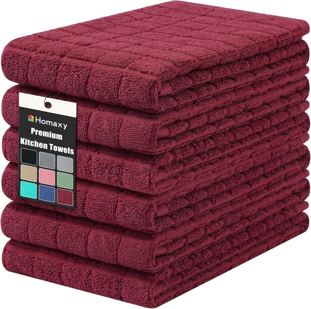 Homaxy Premium Cotton Kitchen Towels 16"x 28", Large Natural Ring Spun 390 GSM Dish Towels, Super Absorbent Terry Kitchen Hand Towels, Soft Tea Towels with Hanging Loop, Pure Red Design, 6 Pack