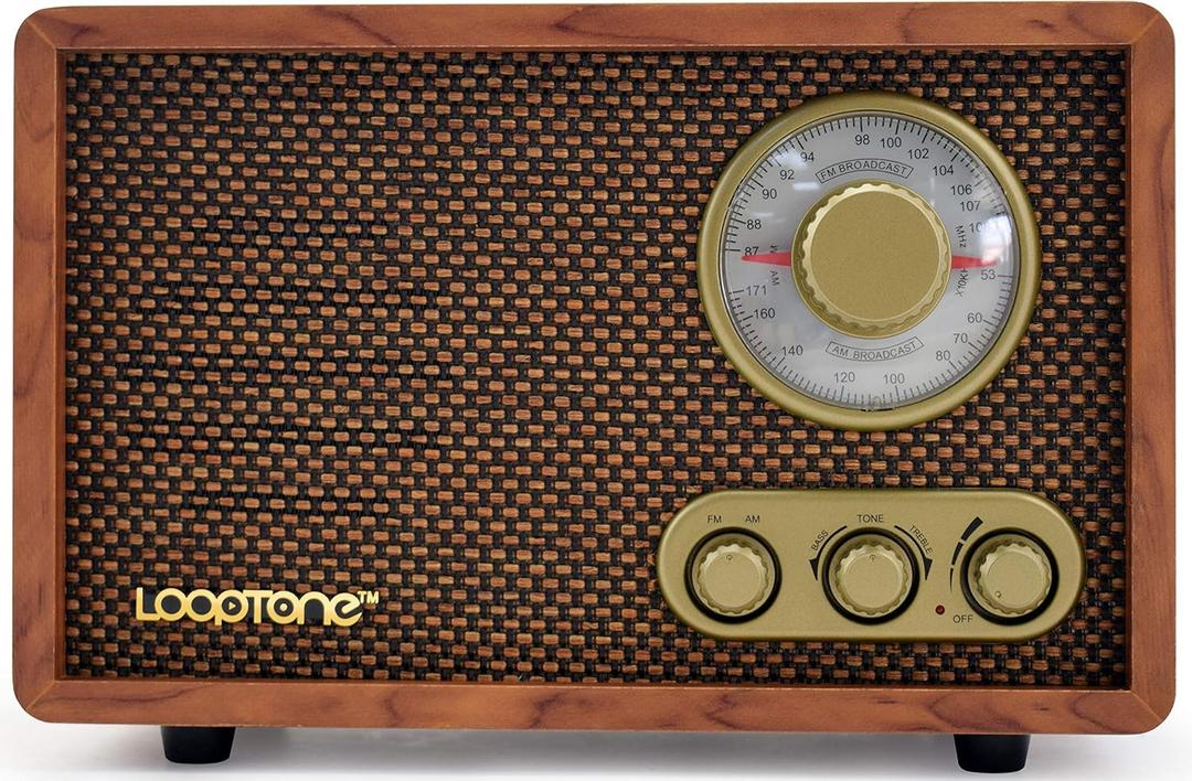 LoopTone AM FM Classic Retro Radio with Bluetooth Speaker,Vintage Wood Table Radio with Treble Bass Control for Kitchen Living Room with Rotary Knob Brown
