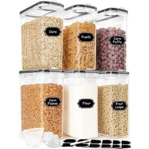 HKJ Chef Cereal Containers Storage Set (4L / 135.2oz), 6PCS Airtight Food Storage Containers with Lids, Cereal Dispensers for kitchen Pantry Organizers and Storage with Pour Spout, 20 Labels, Marker