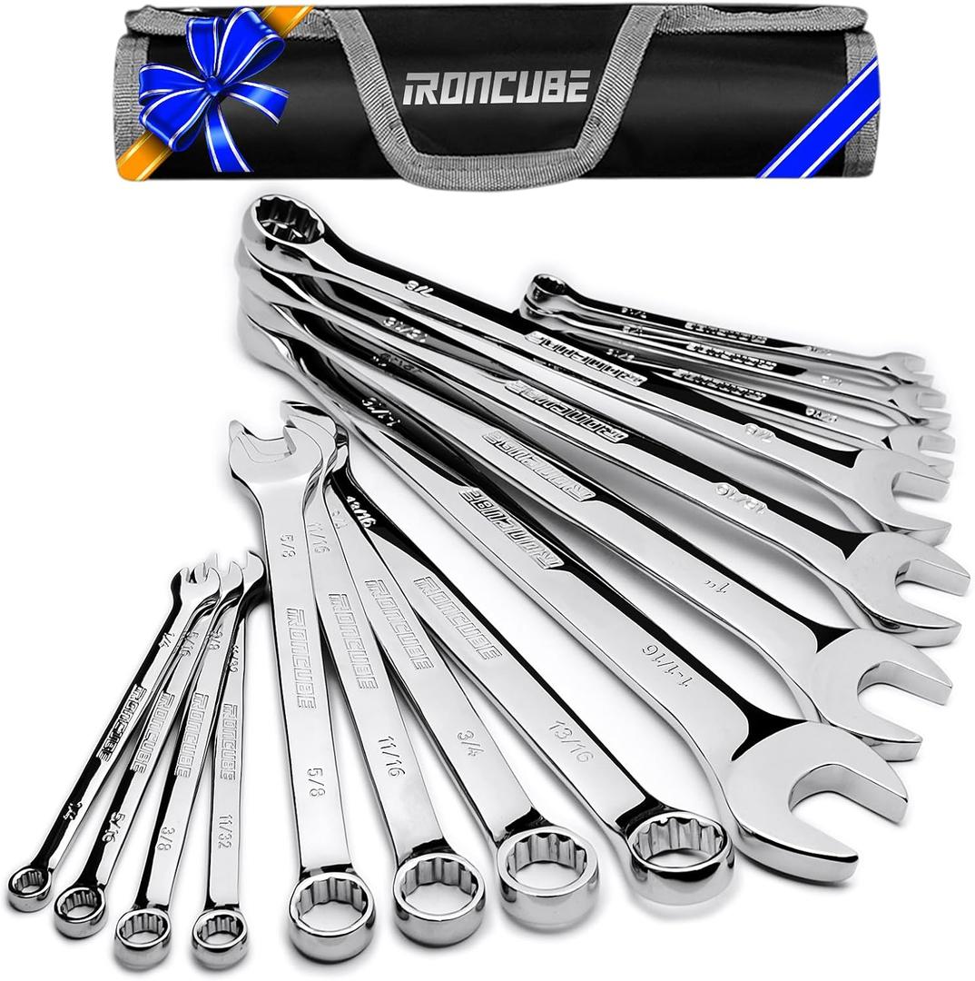 Combination Wrench Set Long SAE: 15-Piece 1/4'' to 1-1/16'' - CR-V Mirror Polished - Carry Bag For Car or Motorcycle Tools Combination Wrench Set Long SAE: 15-Piece 1/4'' to 1-1/16'' - CR-V Mirror Polished - Carry Bag For Car or Motorcycle Tools