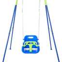 FUNLIO Toddler Swing with Foldable Metal Stand for Toddlers Aged 1~10 Years, 3-in-1 Baby Swing Set with 4 Sandbags for Backyard/Indoor/Outdoor Play, Easy to Assemble & Store - Bluegreen