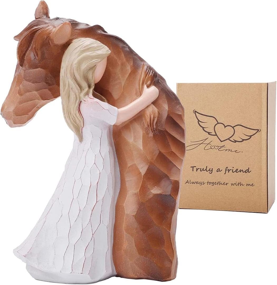 Girl Embrace Horse Statue Decor - Hand-Painted Sculpted Figurine Gifts for Women and Horse Lovers - Memorial Figure, Keepsake Gift for Birthday, Christmas, Thanksgiving (Brown)