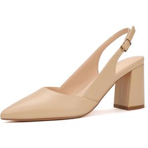 IDIFU Nude Slingback Heels for Women Closed Pointed Toe Chunky Low Heel Dress Pumps Comfort Bridal Wedding Party Prom Work Office Business Pumps Shoes (Nude Pu, 8.5)