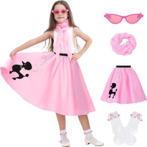 Wizland 5pcs Kid Poodle Skirts 100 Day of School Costume Kids 50s Outfits Costumes Sock Hop Dresses With Socks Scarf Glasses (S 4-6, Pink)
