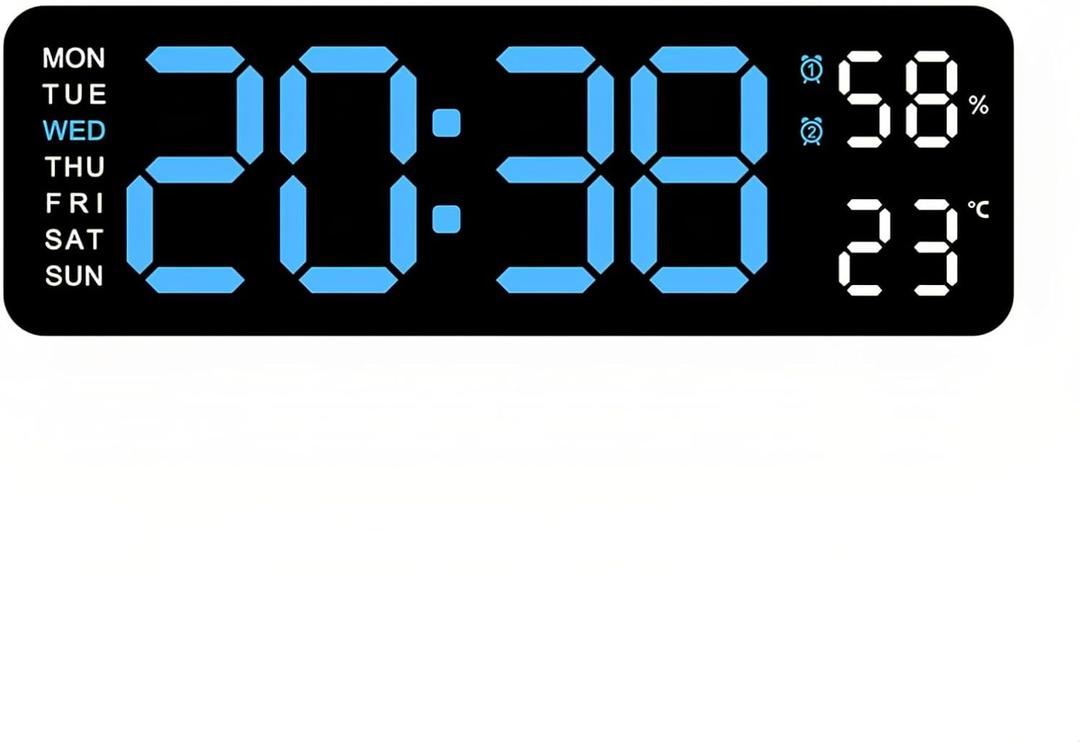 Lancoon Digital Wall Clock with Dual Alarm Temperature Humidity Calendar LED Large Display Adjustable Brightness Plug-in Snooze for Living Room Tabletop Bedroom (Black_blue)