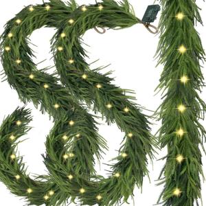 2 PCS Pre-Lit Christmas Garland Decorations,9 FT Faux Led Norfolk Pine Garland Artificial Realistic, Real Touch Greenery Christmas Pine Garland for Mantle Table Front Door Indoor Outdoor Holiday Decor