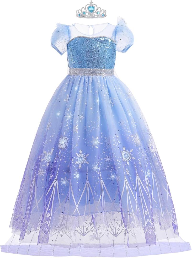 Princess Dress Costume for Girls with Long Cape Dress up Gift for Girl Birthday Xmas Halloween Cosplay Party (5-6 Years, Ice Blue 1)