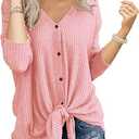 IWOLLENCE Women's Waffle Knit Tunic Blouse Tie Knot Henley Tops Loose Fitting Bat Wing Plain Shirts, Pink, XL