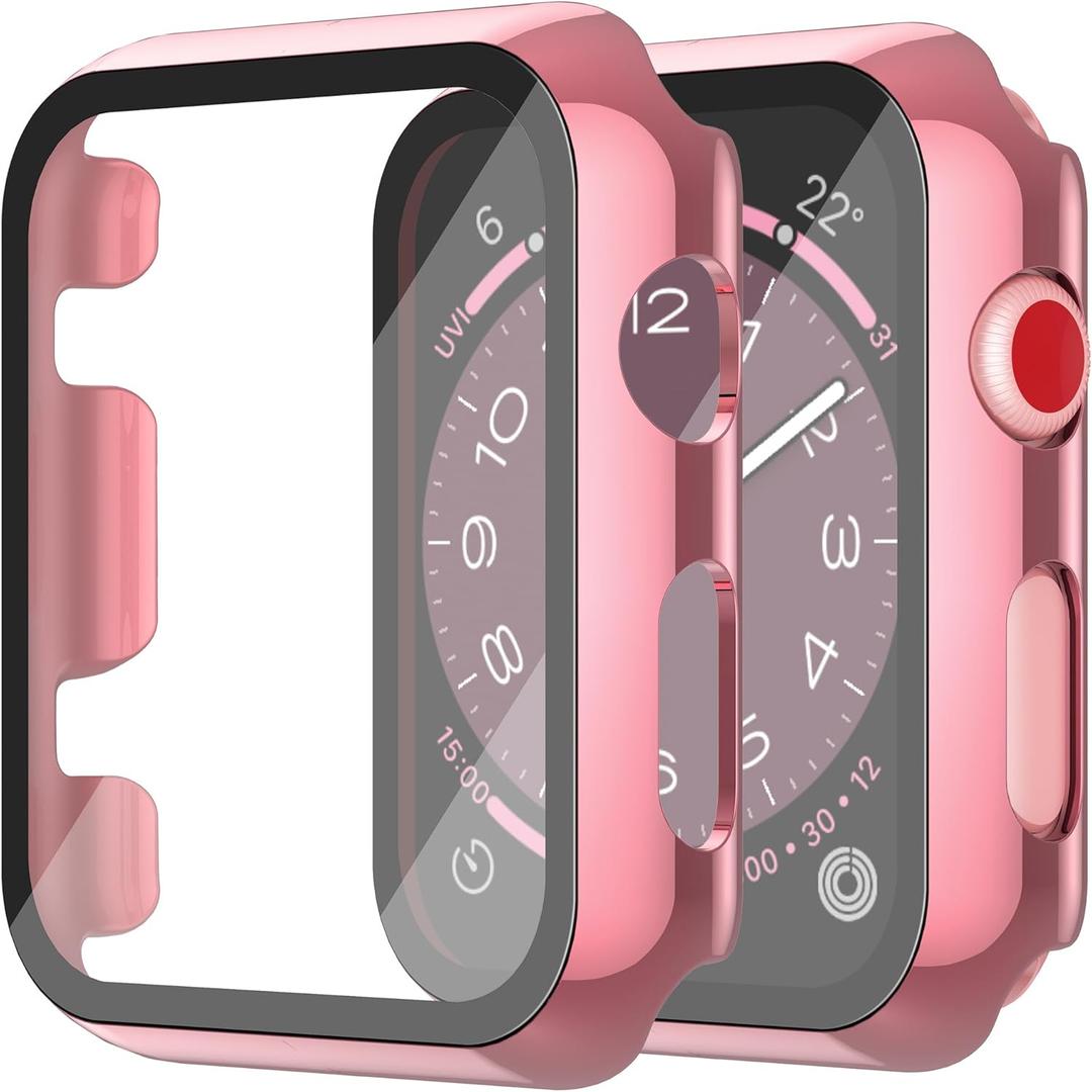 Misxi 2 Pack Hard PC Case with Tempered Glass Screen Protector Compatible with Apple Watch Series 2 Series 3 38mm, Anti-Drop Scratch Resistant Lightweight Cover for iWatch, 1 Rose Pink + 1 Transparent