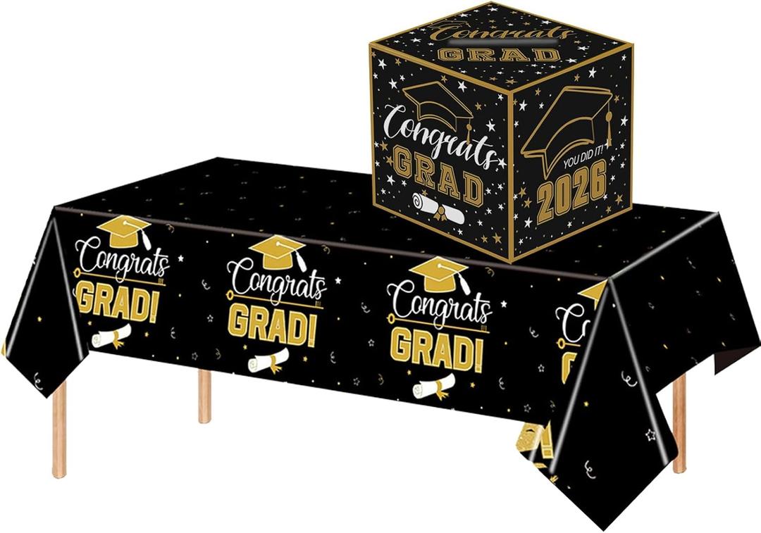 2 x 2026 Black Gold Graduation Party Decor Set - 1 Congrats Grad Plastic Tablecloth, 1 Card Box for Graduation Party Supplies