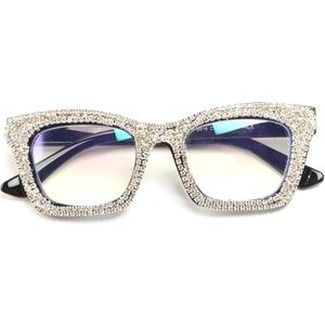 mincl Fashion style Bling Rhinestone Square Reading Glasses For Women Shiny Diamond Blue Light Blocking Eyeglasses (black, 2.5, multiplier)