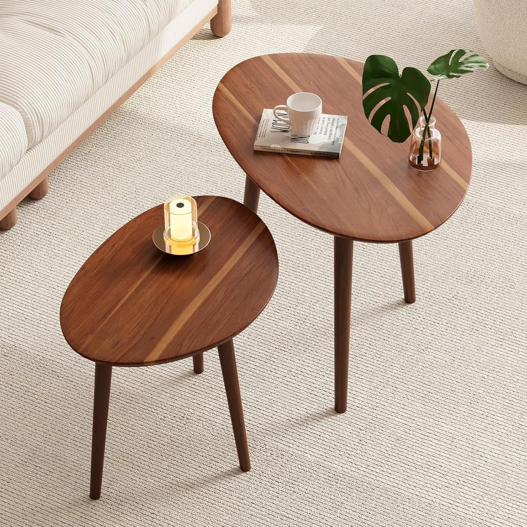Small Oval Coffee Tables Set,Acacia Wood Tabletop Nesting Tables25.6"x17.7"+17.7"x13.4" for Living Room Small Spaces Office,Easy Assembly Minimalist Walnut Mid Century Modern Coffee Table