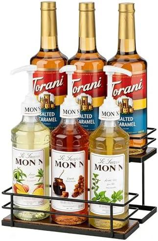 EFYSE Coffee Syrup Organizer rack, 2 Tier Syrup Holder(6 Bottle Capacity) for coffee bar syrup storage,kitchen condiment organization and wine display.