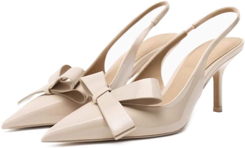 Kluolandi Bow Knot Slingback Kitten Heels for Women Closed Pointed Toe Pumps Dress Shoes Stiletto Heels Sandals (9.5, Nude)