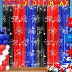 Spider Web Birthday Party Decoration Supplies, 2Pack Metallic Tinsel Foil Fringe Curtains 3.3x6.6ft, Red Blue Black Photo Booth Prop Backdrop Party Streamer, for Spider Birthday Party House Room Decor (Red Black and Blue)