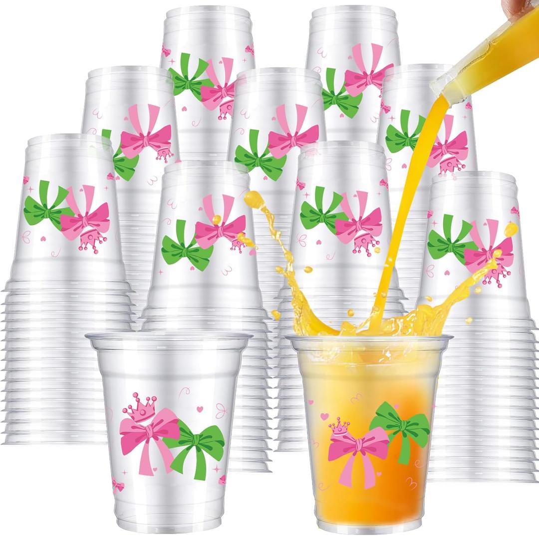 40Pcs Pink and Green Bow Crown Disposable Clear Plastic Cups Pink Bow Cups, Coquette Party Decorations for Beverage Bow Theme Birthday Party Supplies