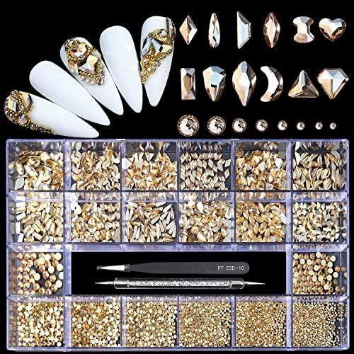 Yzzseven 12 Types of 600 Champagne Diamonds + 2500 Flat Rhinestones Mix 20 Styles Flatback DIY Crafts Rhinestone Crystals 3D Ornament‌s Flat Back Stones Set + Tweezers + Drill Pen