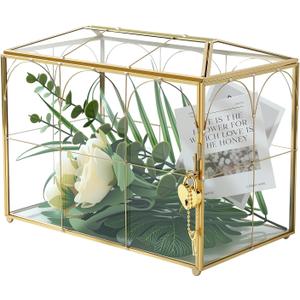 Glass Card Box with Slot, Small Gold Clear Card Box for Wedding Receptions - Home Birthdays Party Geometric Decorative, 9.84" x 5.9" x 8.27" (Glod)