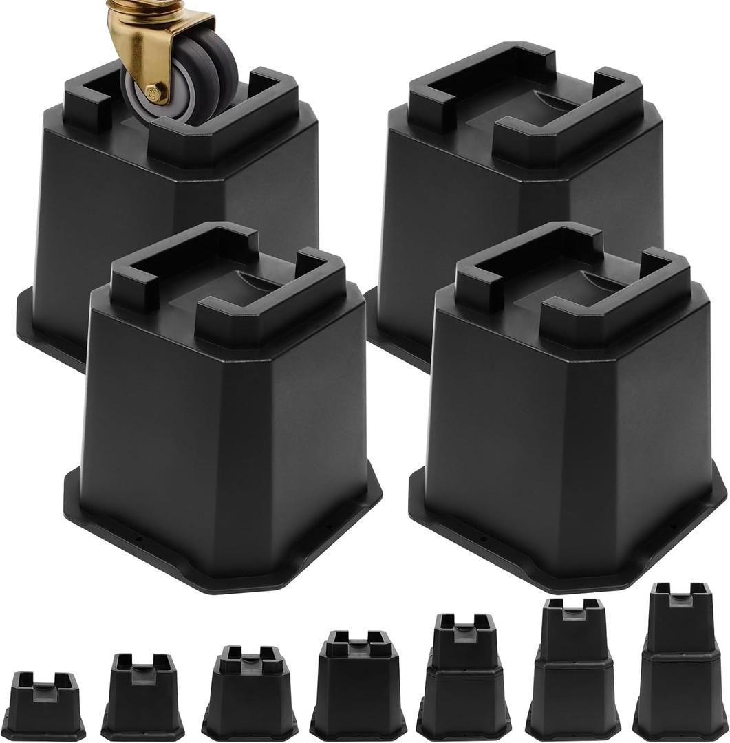 Adjustable Bed Furniture Risers Elevation in Heights Heavy Duty Risers for Both Posts and Wheels of Furniture Sofa Bed Couch Table (Black 4 Pack, 5 Inch)