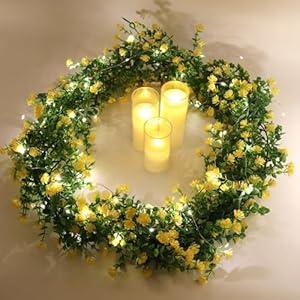 RECUTMS 3 Pcs Green Garland with Lights Fern Hanging Light Fake Hanging Vines Spring Garland with Lights Green Leaf Vines for Spring Home Wall Mantel Party Wedding Fireplace Decoration, (Yellow)