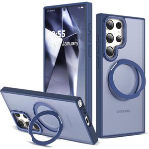 Compatible with Samsung Galaxy S24 Ultra Case with 360Rotatable Magnetic Ring Stand Compatible with Mag-Safe Military Protection Matte Translucent Phone Cases for S24 Ultra 6.8",Blue