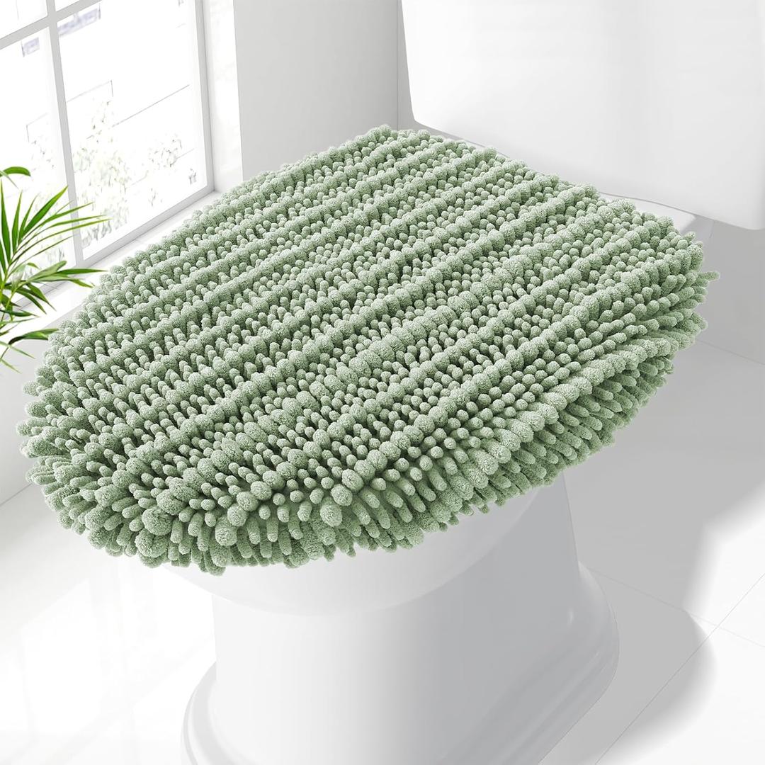 Smiry Soft Chenille Bathroom Toilet Lid Cover, Stays in Place Rubber Backing Covers, Machine Washable, 17.5x15, Fits Most Round, Elongated and Oblong Lids, Accessories Decor, Sage Green