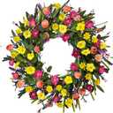 24 Inch Handmade Flower Wreath for Front Door, Spring Summer Wreath with Yellow Pink Purple Daisies,Lavender, Farmhouse Floral Wreaths with Eucalyptus Leaves for Indoor Outdoor Porch Home Decor