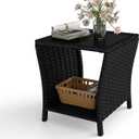 kinbor Small Outdoor Table - Tempered Glass Top Small Outdoor Wicker Side Table with Storage Shelf for Patio, Balcony & Porch, Durable PE Rattan & Iron Frame