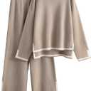 Tanming Women's 2 Piece Outfits Long Sleeve Knit Sweater Top Wide Leg Pants Lounge Sets Tracksuits (Medium, Khaki)