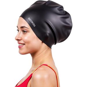 Extra Large Silicone Swim Cap for Long Hair, High Elasticity Durable Waterproof Swimming Cap for Women and Men Adults with Dreadlocks, Weaves, Extensions, Braids & Curls, Keep Hair Dry (Black)