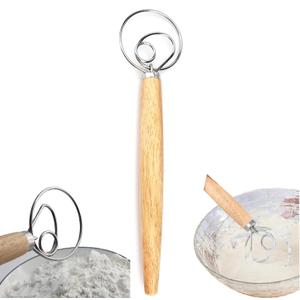 2 x 13 Inch Danish Dough Whisk - Large Wooden Handle, Stainless Steel Ring - Traditional Dutch Whisk for Bread, Batter, Cake, Pastry